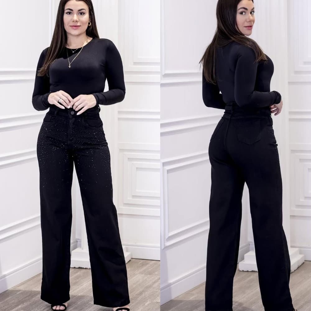 Calça Jeans Wide Leg Com Strass Na Frente, Cintura Alta - Modelo Gota Black , Com Strass de Gota.