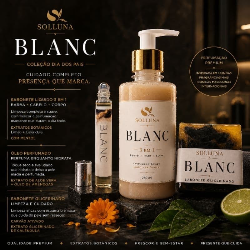 Kit Dia dos Pais Blanc Masculino | Óleo Perfumado | Sabonete Glicerinado | Sabonete 3 em 1 para Barba Cabelo Corpo