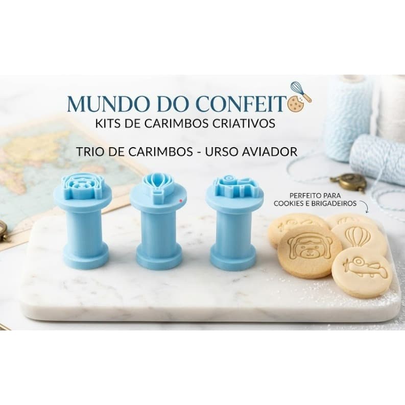 Kit Trio de Carimbos Urso Aviador 5cm - Para Biscoitos e Brigadeiros (3D)
