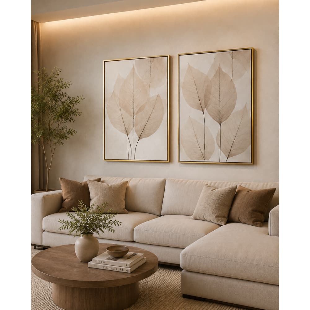 Kit 2 Quadros Folhas Botânicas Bege em Tela Canvas com Moldura Flutuante Dourada para Sala 50x70