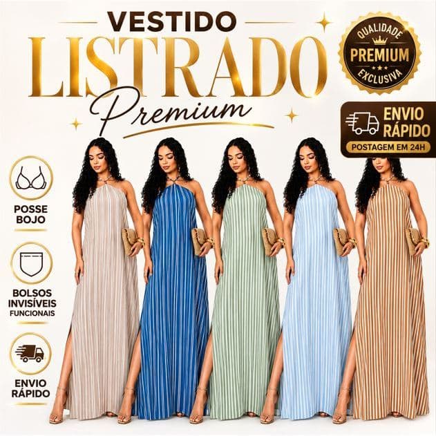 Vestido Feminino Listrado Longo| Com Bojo | Bolsos Funcionales E Fenda Tamanho Único Veste 38 ao 42