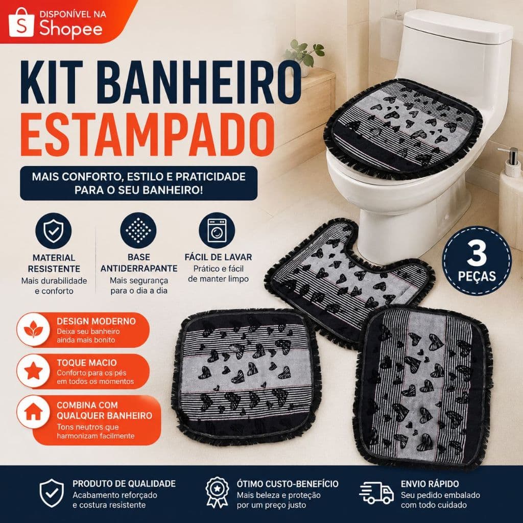 Kit Banheiro Tapete 3 Peças Confortável Jogo Completo 100% Algodão