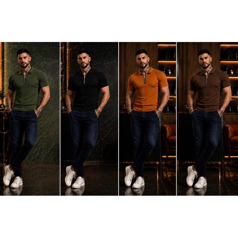 Camiseta Polo Canelada Masculina Ziper estilo americano slim justo ao corpo social ou básico disponível em 3 cores