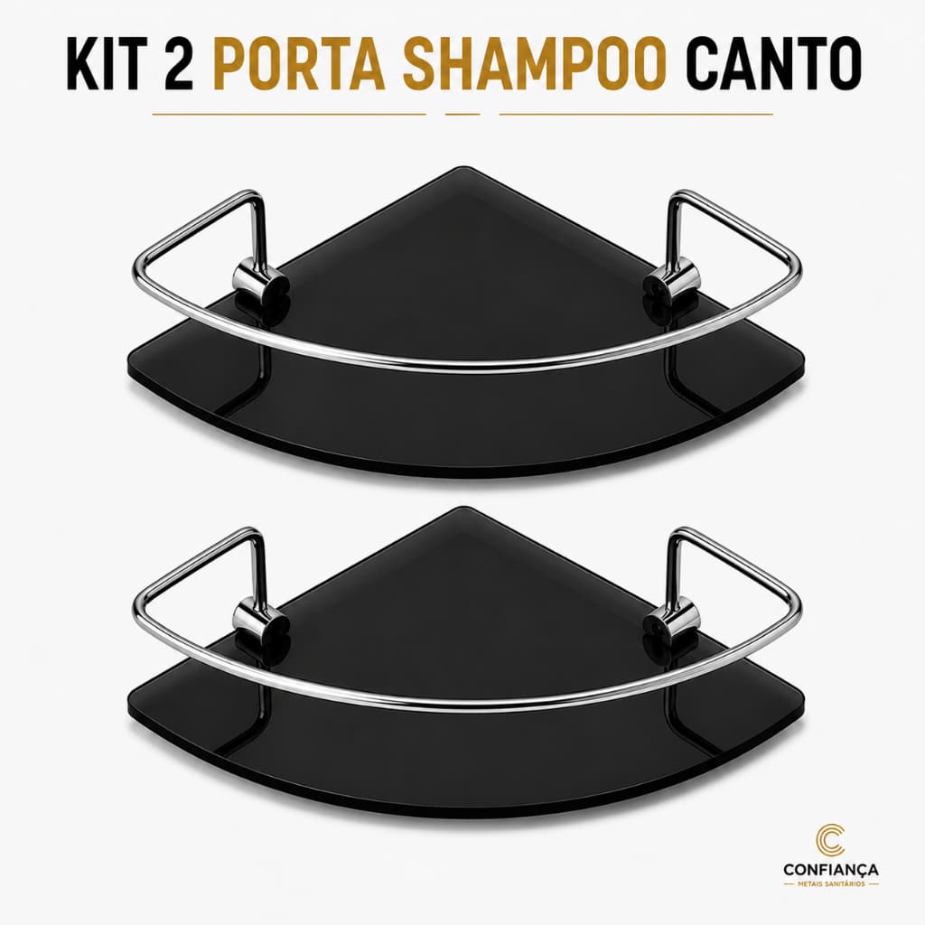 Porta Shampoo Para Banheiro Suporte De Vidro 6mm Fumê Canto Preto C/ Cromado Anti Ferrugem KIT 02 UN