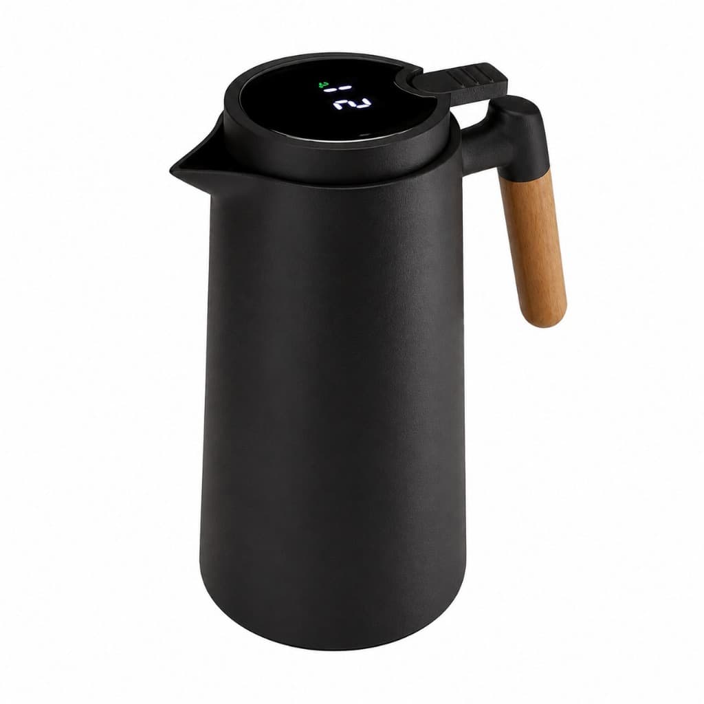 Garrafa Térmica 1 Litro Ampola Vidro Cabo Madeira Café Chá Quente Frio Preta
