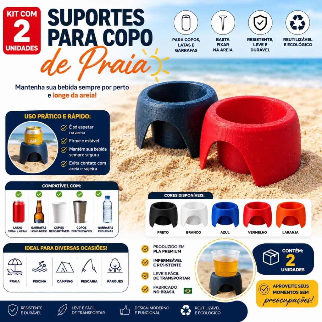 Kit 2 Porta Copos Cadeira de Praia Suporte para Lata Garrafa Bebida Universal