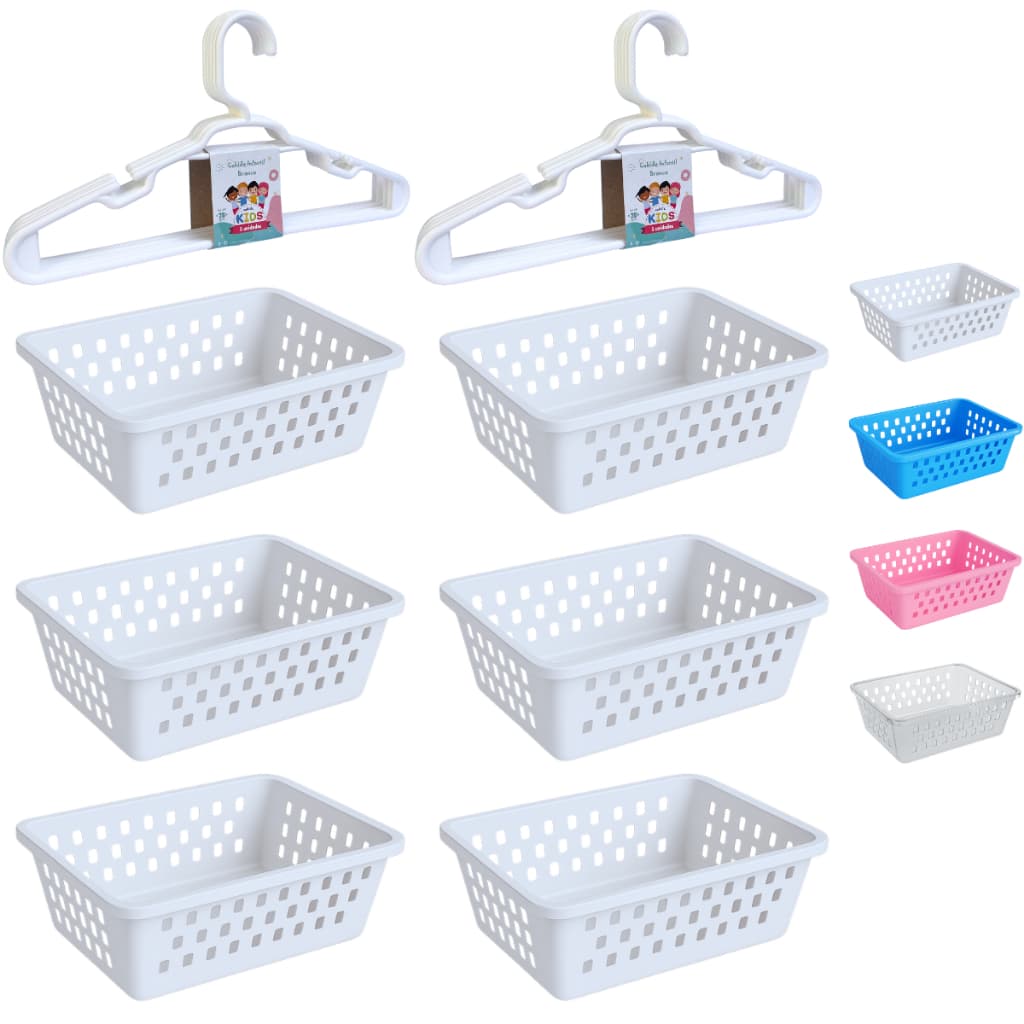 Kit 6 Cestos Organizador e 10 Cabides Infantil Branco Transparente Rosa Azul