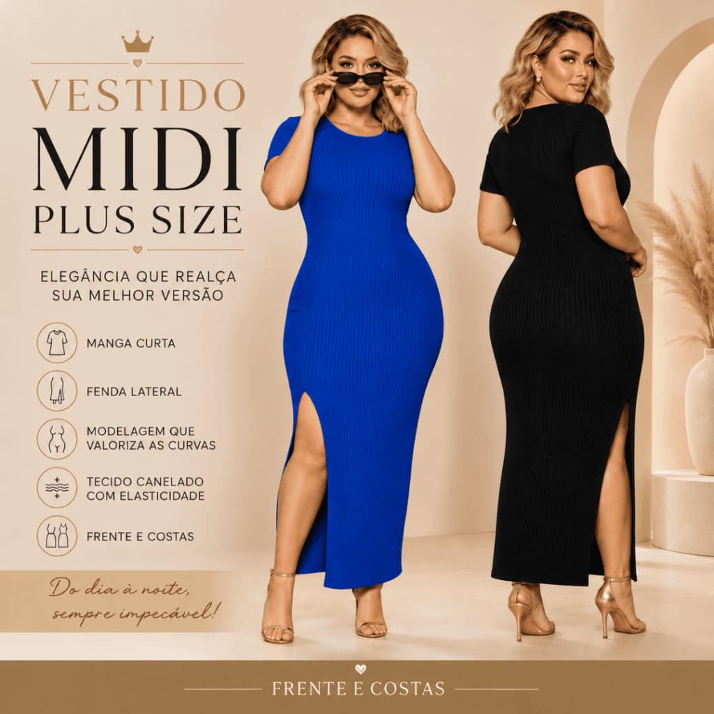 Vestido Plus Size Midi Manga Curta ☺️🔥​ Modelador com Fenda Frontal Justo Canelado Anarruga GG G1 G2