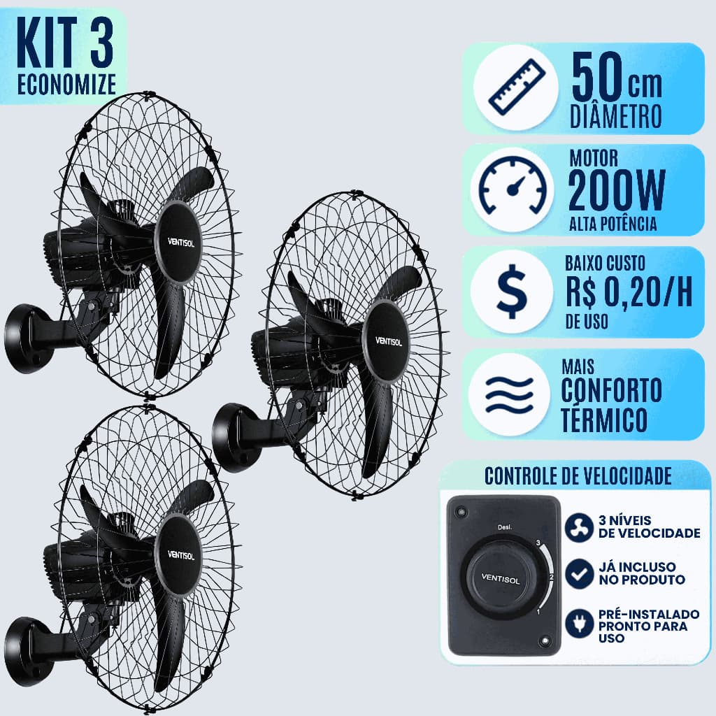 3 Ventilador Oscilante Parede 50cm 3 Pás Preto Ventisol Bivolt 200w Grade Aço Industrial Silencioso