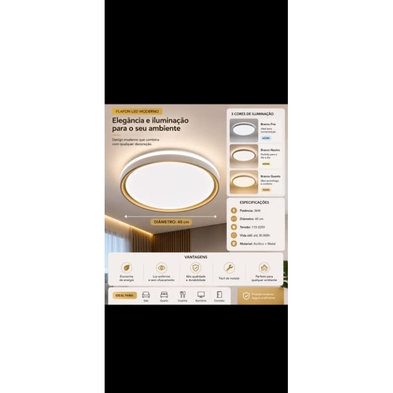 Luminária de Teto LED com Iluminação Ajustável em 3 Cores para Ambientes Modernos