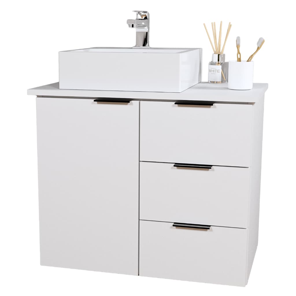 Balcão Móvel Gabinete 60cm MDF Para Banheiro Com Tampo & Cuba - Gavetas Lado Direito Com Fundo