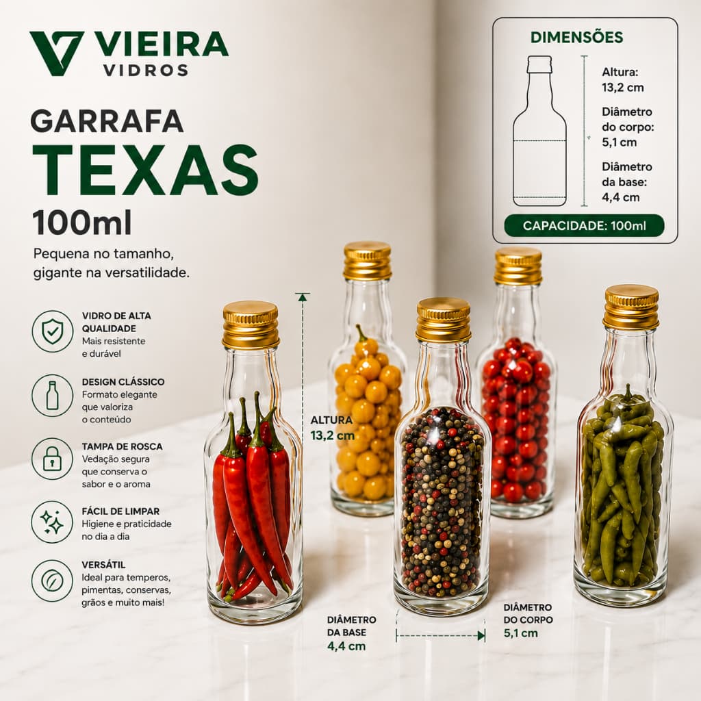 Kit 04UN min Garrafa de Vidro Texas 100ml - Para Decoraçôes e Temperos/Pimentas