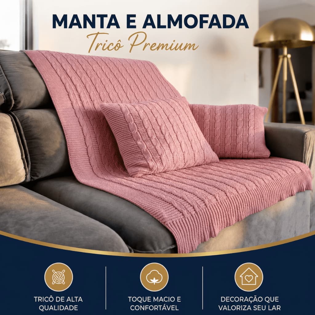Kit Manta Decorativa para Sofá com  Capa de Almofada Tricô Premium Toque Macio Manta Para Poltrona