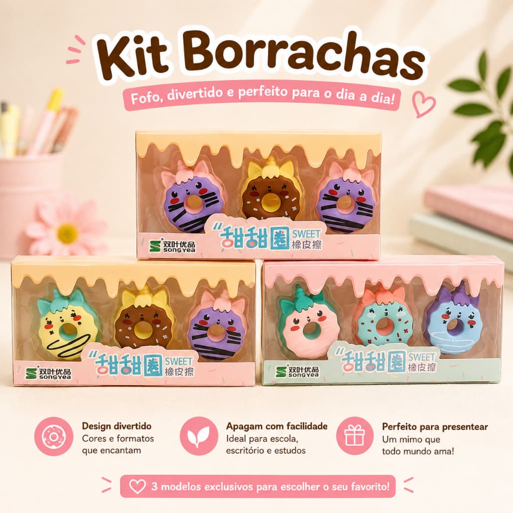 Kit 3 Borrachas Donut Kawaii Escolar Fofa Colorida