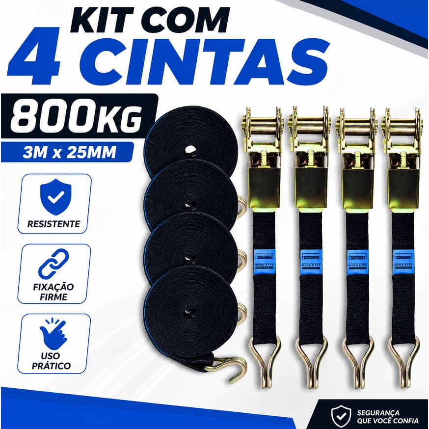Kit 4 Cintas de Amarração com Catraca 800kg 3m x 25mm Reforçadas com Gancho Metálico para Carga, Caminhão e Carretinha
