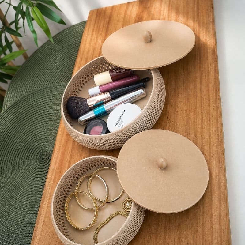 Porta-Joias com Tampa Organizador Minimalista para Penteadeira Maquiagem Acessórios Algodão Clean Elegante 15cm e 20 cm