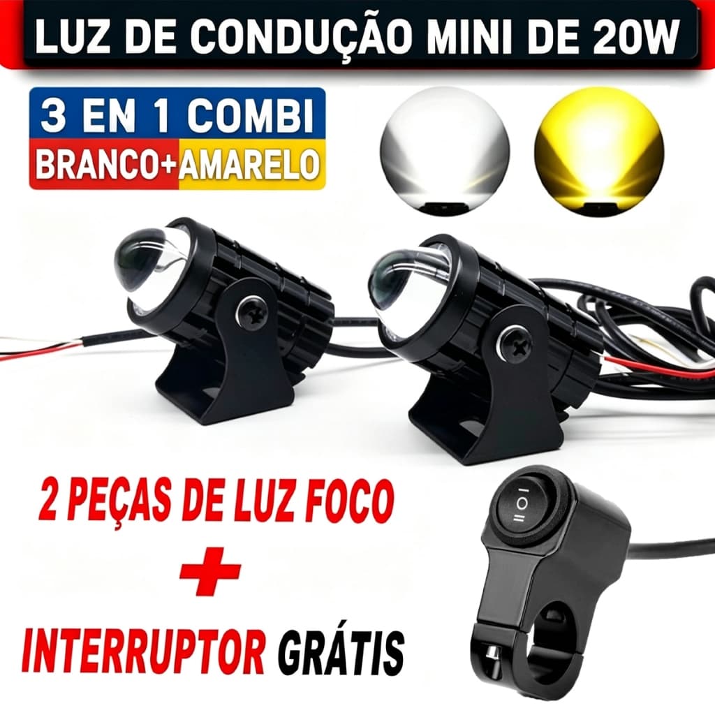Par Farol Auxiliar Moto Mini 20W 3 em 1 Luz Branca e Amarela Spot Milha LED Universal + Interruptor Grátis
