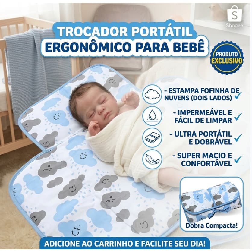 Trocador de Fralda Portátil Bebê Bebe Impermeável Dobrável com Tecido Estampado 100% Algodão
