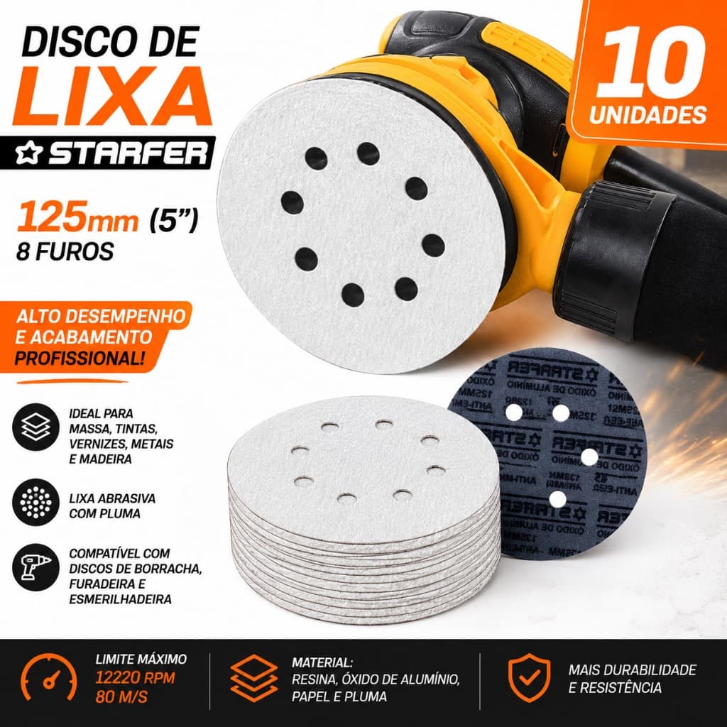 10 Disco de Lixa Abrasivo com Sistema de Fixação Fácil 125mm 5" Vários Grãos para Lixadeira Roto Orbital 8 Furos
