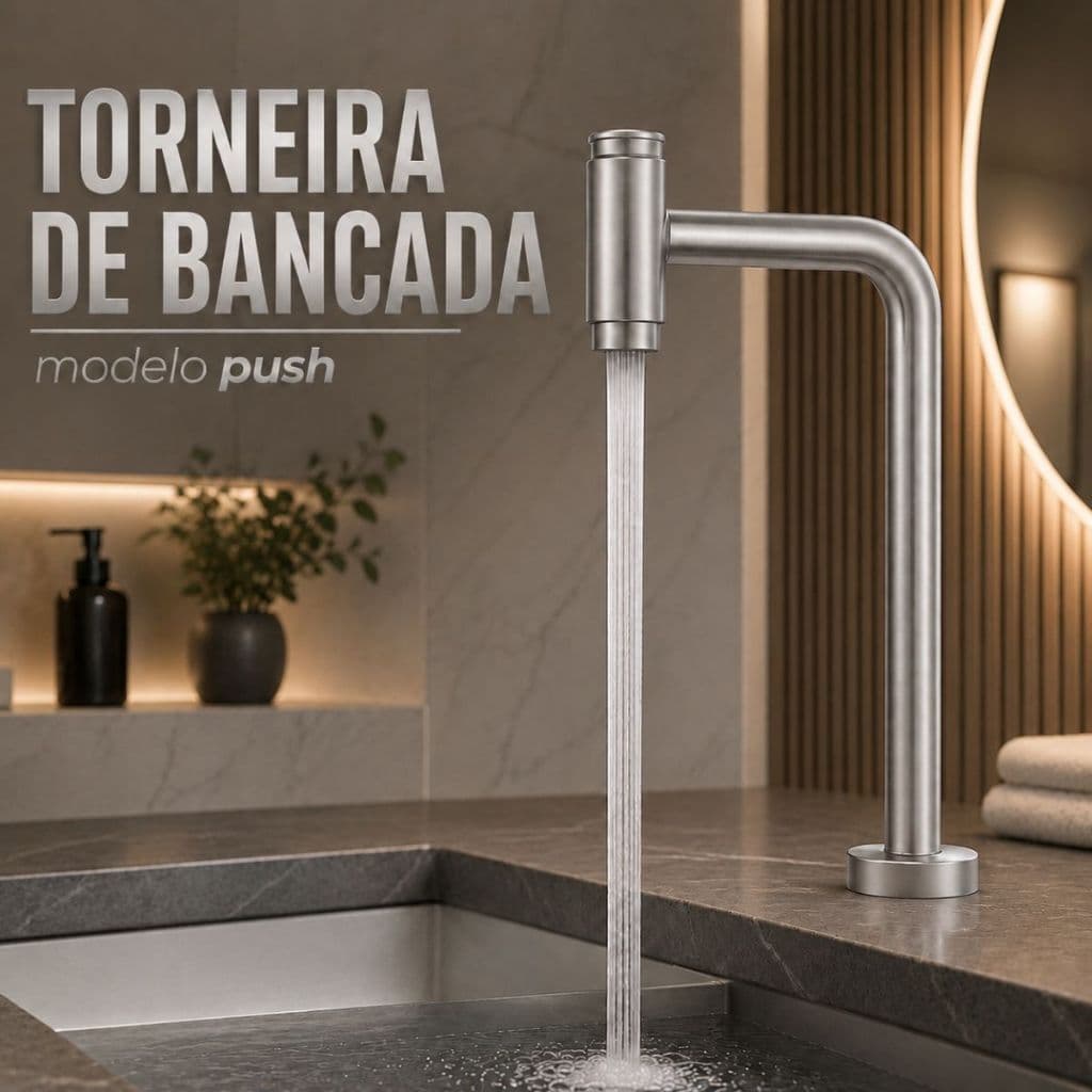 Torneira de Mesa Bancada Alta | Cromado | Em Aço Inox Modelo Push com Acionamento por Botão, Bica Alta Giratória
