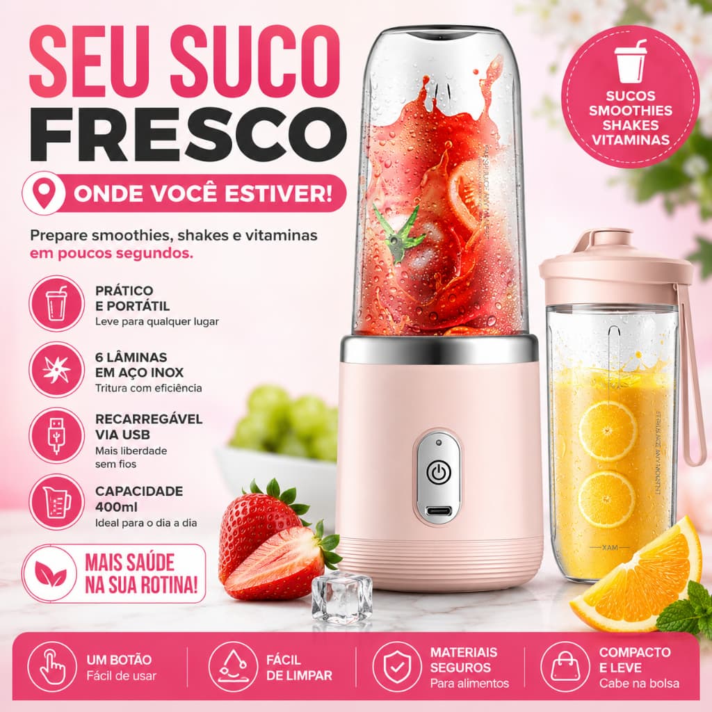 Mini Liquidificador Portátil 400ml Recarregável USB Rosa Processador Mixer para Suco Shake Smoothie