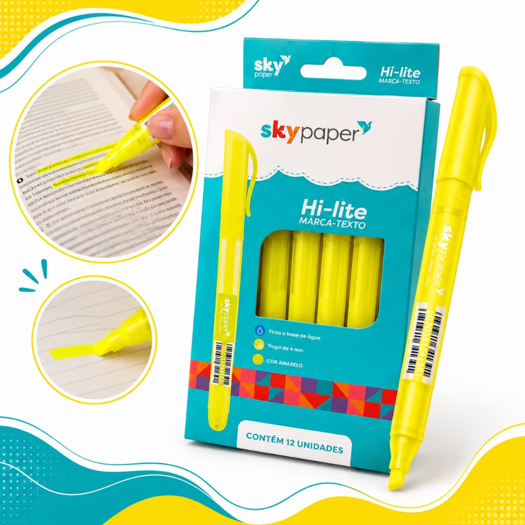 Kit 12/24 Marca Texto Marcador Caneta Amarelo Neon Fluorescente Material Escolar Escritório