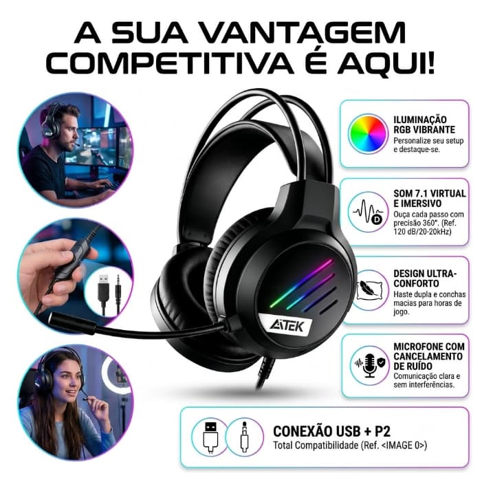 Headset Gamer RGB F5216 com Microfone Ajustável, Fone Gamer com Fio USB P2 3,5mm para PC PS4 PS5 Xbox