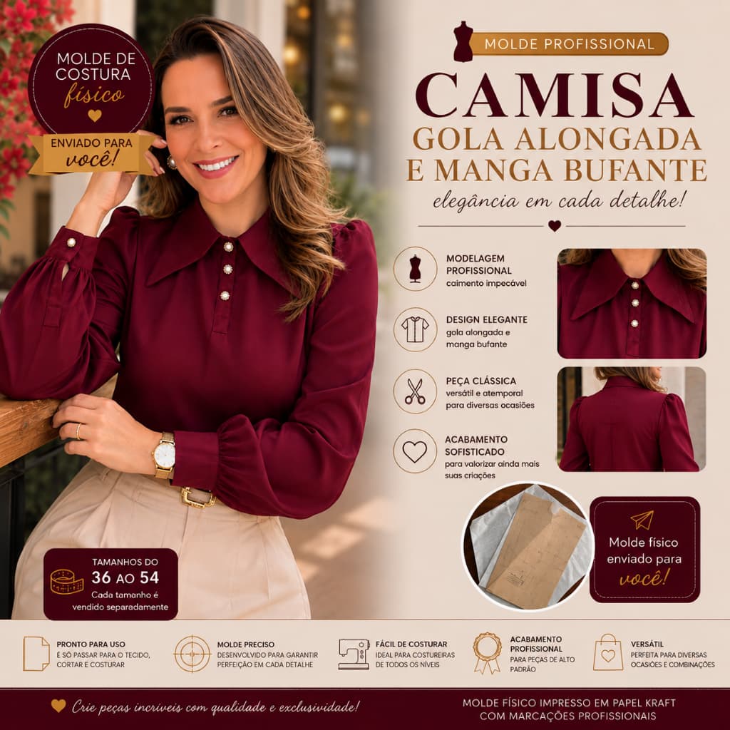 Molde de Costura Camisa Gola Alongada e Manga Bufante | Modelagem Profissional 36 ao 54