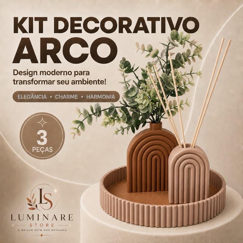 Kit Decorativo Arco 3 Peças com Bandeja, Vaso Difusor de Essência e Vaso Decorativo para Sala, Quarto e Banheiro