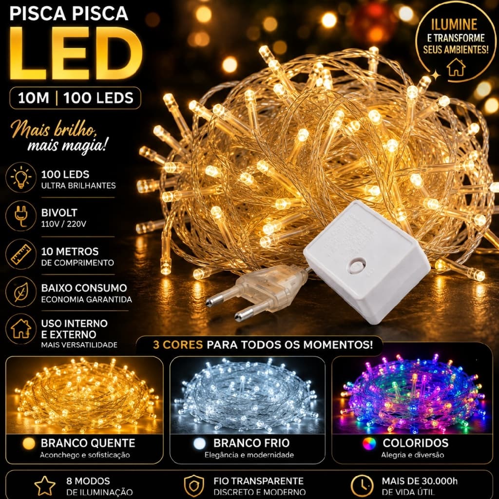 Pisca Pisca Natal 100 Leds 10m 8 Funções Cordão Varias Cores 110v 220v
