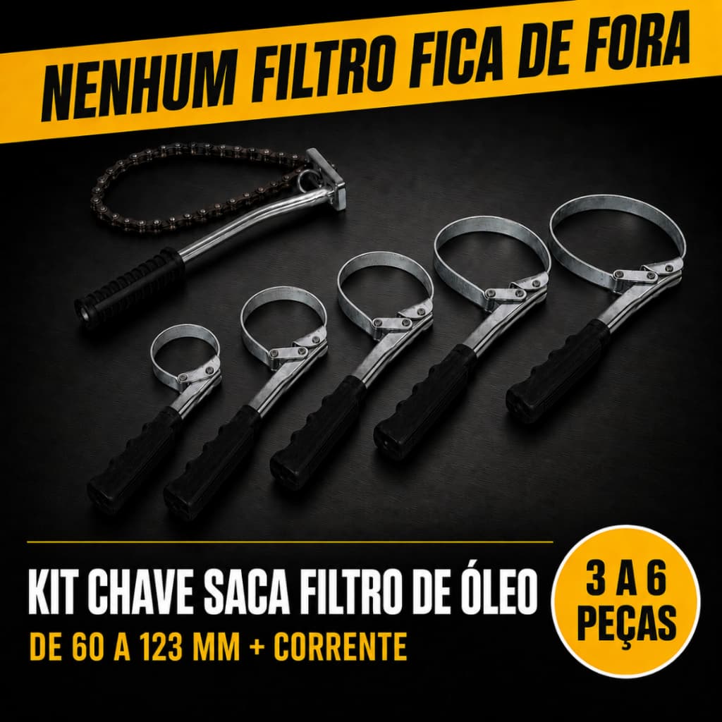 Chave Saca Filtro de Óleo Kit 3 a 6 Peças Cinta Ajustável Universal 60 a 123mm Corrente Carro Moto Oficina