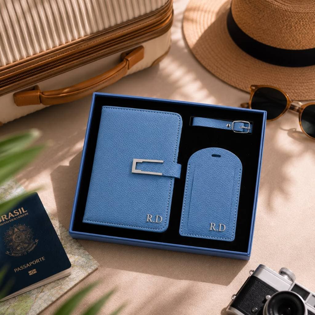 Kit Viagem 2 Peças Suporte de Passaporte e Documentos e Tag de Mala Personalizada com Sua Inicial