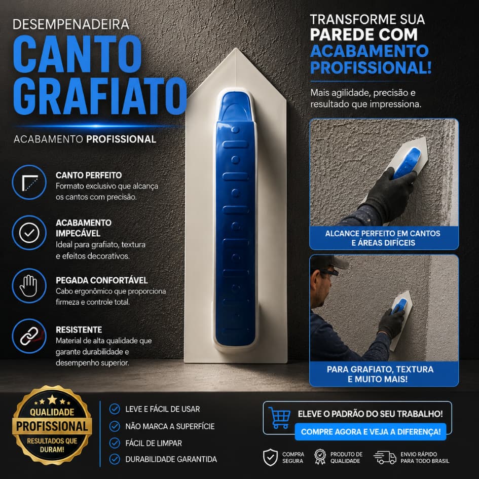 Desempenadeira Canto Grafiato Profissional Para Textura 9x25cm Plástica Branca Acabamento e Reboco Construção Civil
