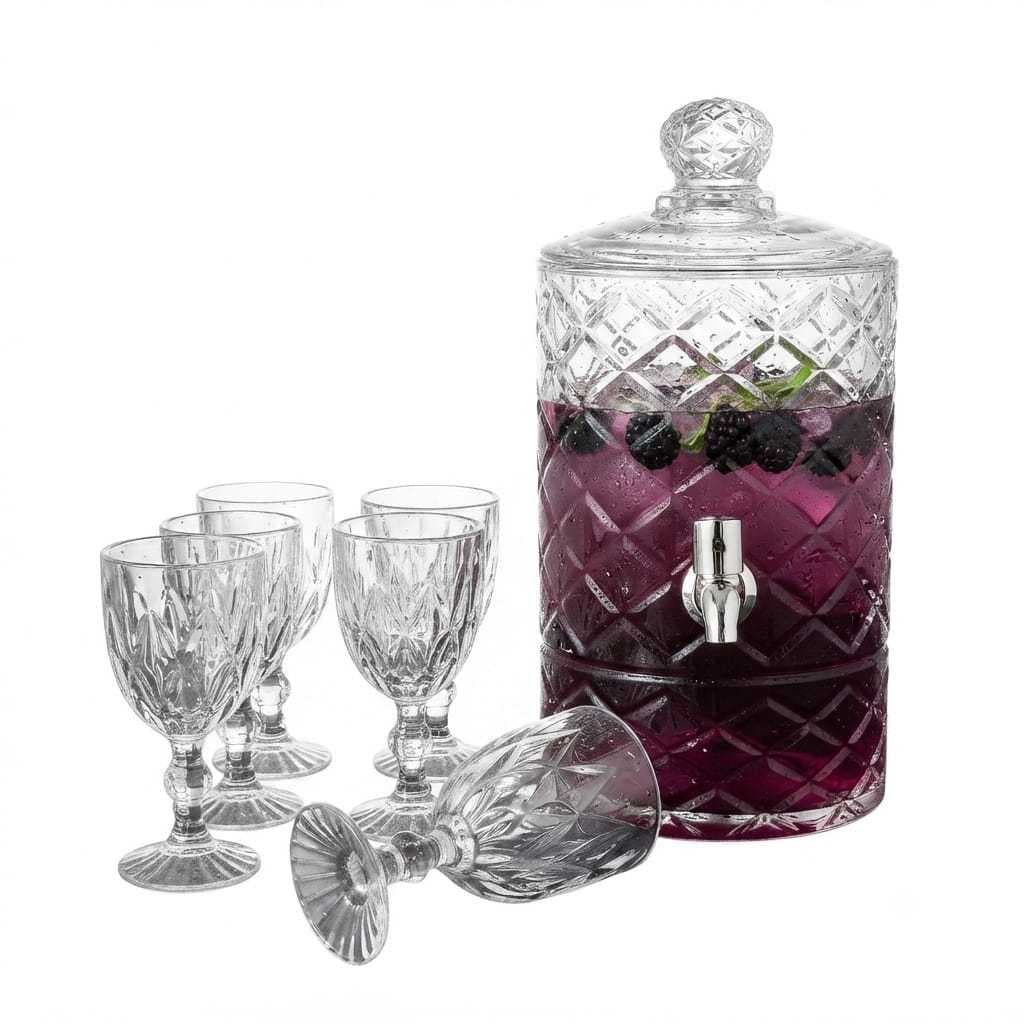 Suqueira Dispenser de Bebidas 4,5L + 6 Taças Diamond Suqueira Cristal Kit 7 Peças Elegante Mesa Posta