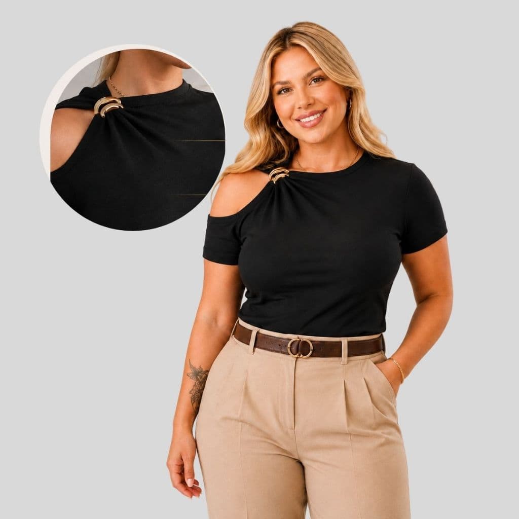 Blusa Plus Size Feminina Ombro Vazado Com Fivela Blusinha Elegante Feminina Moda Gringa P028