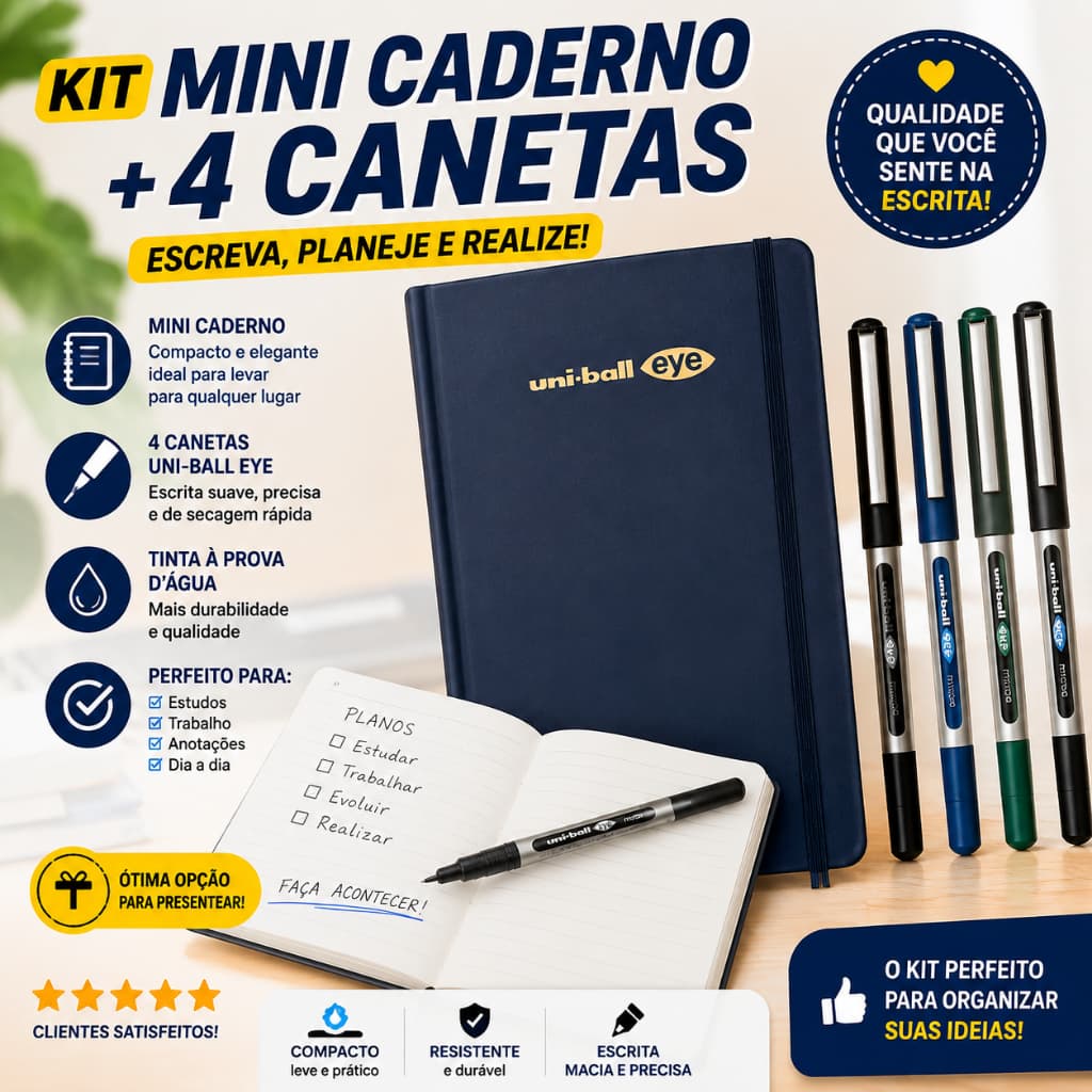 Kit Presente Uni-ball Eye 1 Canetas Rollerball Premium Ponta Fina Cores Sortidas