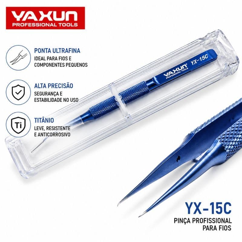 Pinça Profissional Yaxun YX-15C Bico Curvo 0,15mm Titânio Alta Precisão Reparo Celular Eletrônica