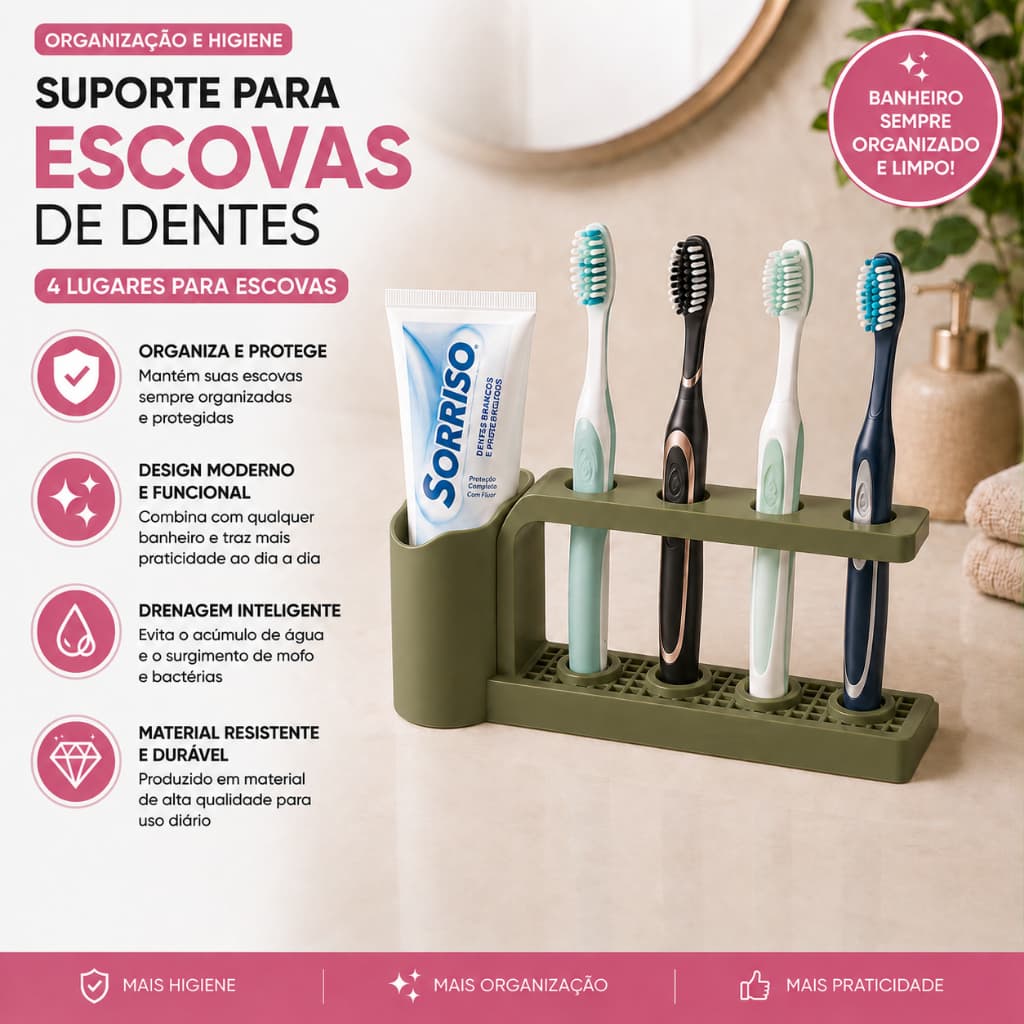 Suporte Porta Escovas de Dente Organizador de Banheiro Porta Creme Dental Base Drenante Verde