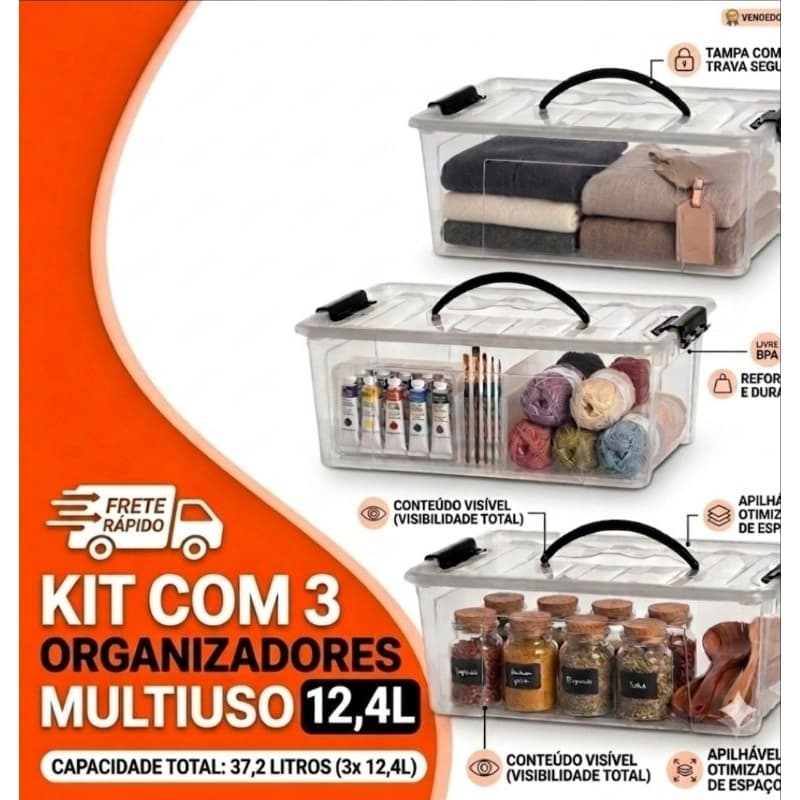 3 X Caixa Organizadora Container Transparente 12,4 Litros Cesto Plastico Multiuso Organizador Casa
