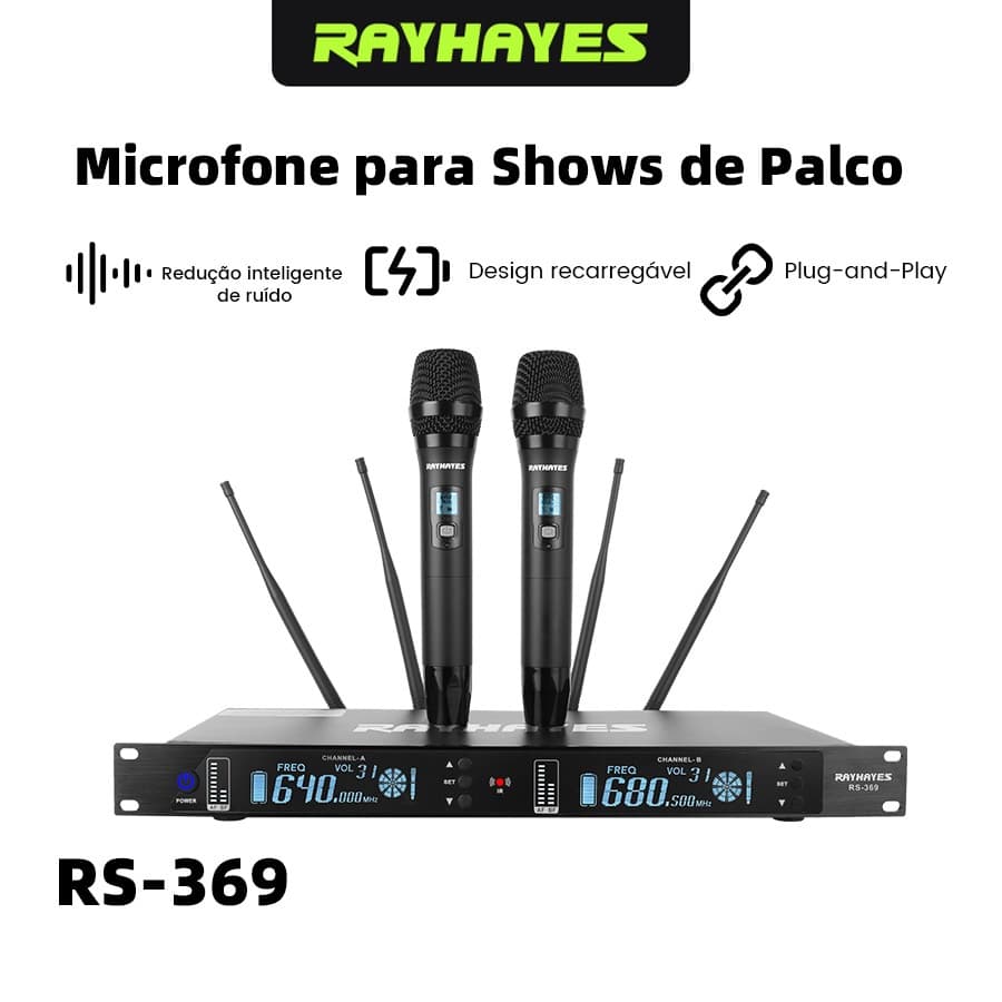 Microfones Sem Fio Duplo Profissional RAYHAYES RS‑369 UHF  200 Canais Para Palco Festa Karaokê