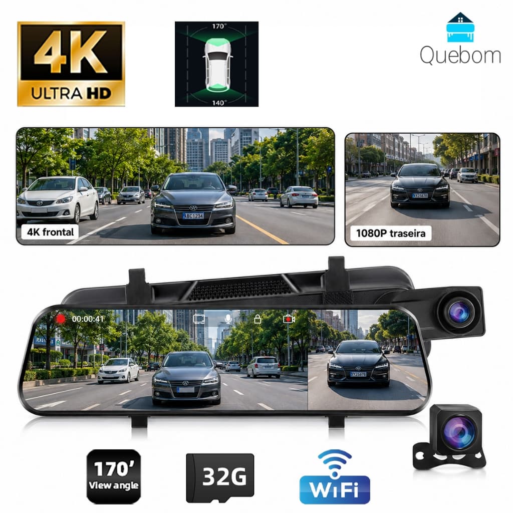 Câmera Veicular 4K+1080P WiFi Touch Dash Cam Frente e Traseira Dupla Gravação Visão Noturna