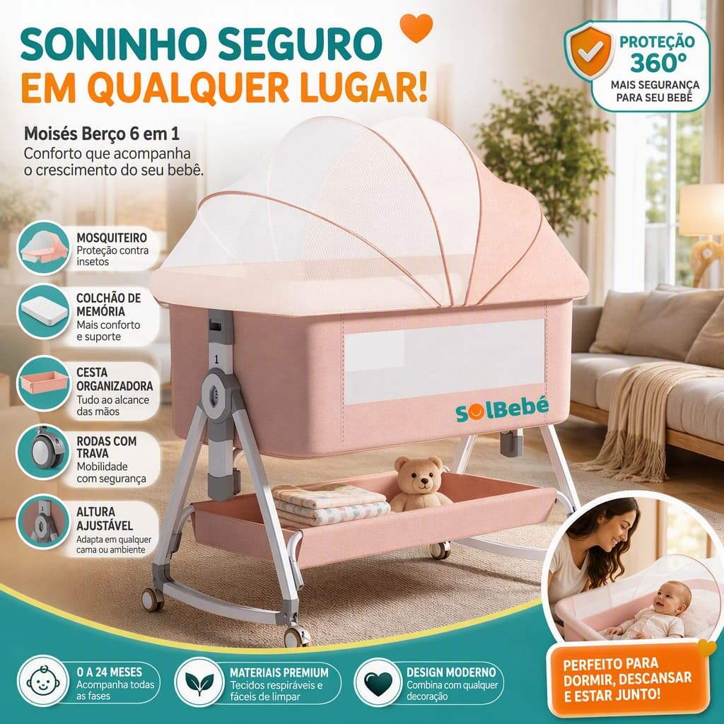 Berço Balanço Portátil Moises Mosqueteiro Infantil Trava de Segurança Regulável