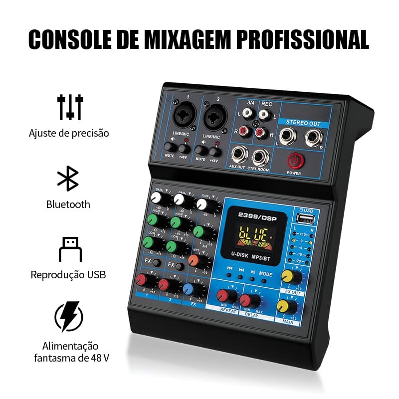 Mixer Console de Áudio Profissional 4 Canais, Alimentação Fantasma 48V Bluetooth e USB