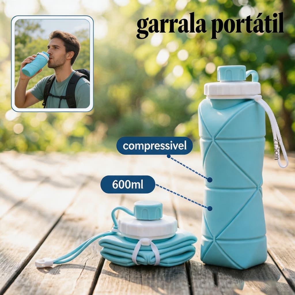 Garrafa Squeeze de Silicone Dobrável – Retrátil, Portátil e Ideal para Academia, Trilhas e Viagens