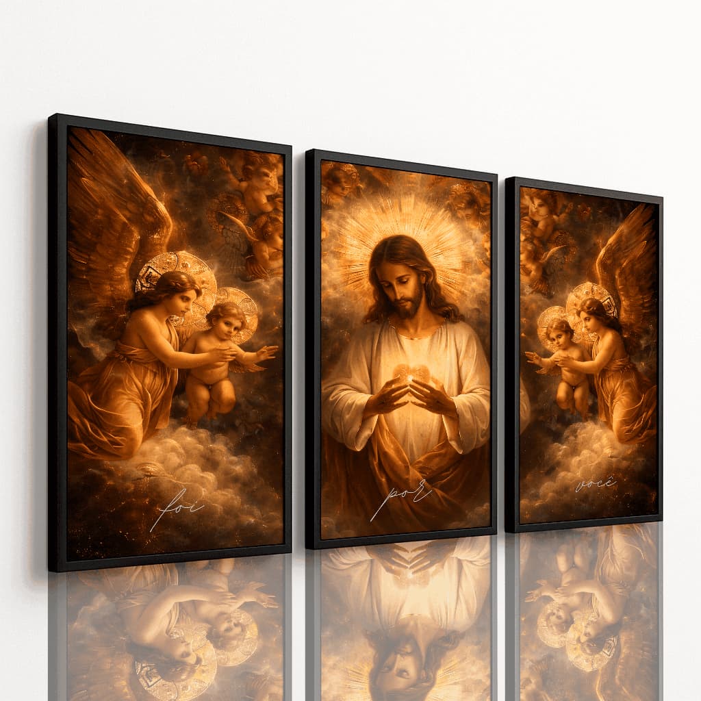 Kit 3 Quadros Decorativos Jesus Cristo Fé Esperança Amor Religioso Sala Quarto Escritório Premium