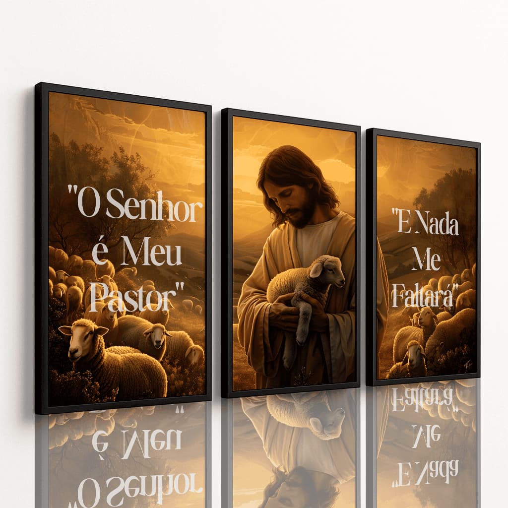 Kit 3 Quadros Jesus O Senhor é Meu Pastor Salmo 23 Religioso Decorativo Sala Premium