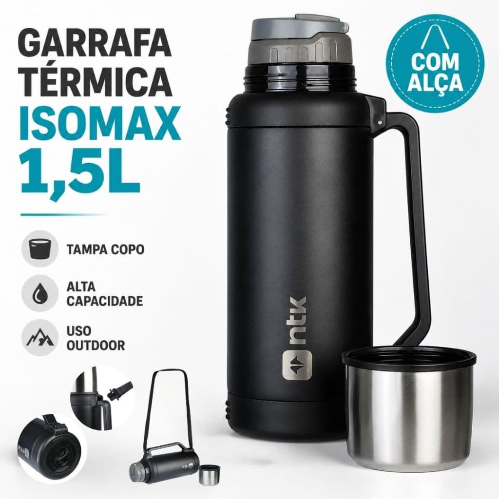 Garrafa Térmica Nautika NTK Isomax 1,5L Inox Preta com Alça Retrátil