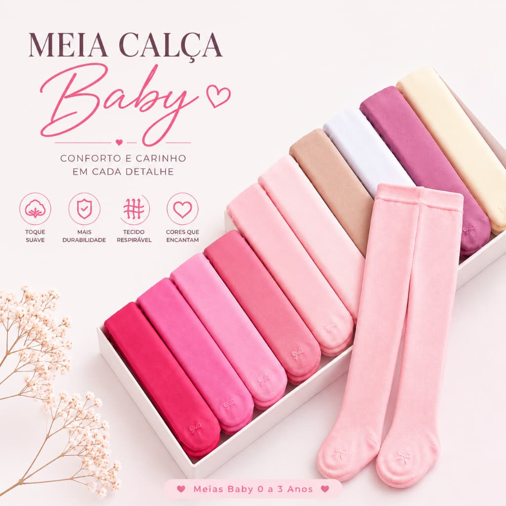 Meia Calça Baby Infantil Menina Lisa Macia Confortável Respirável Alta Elasticidade 0 a 3 Anos Cores Sortida