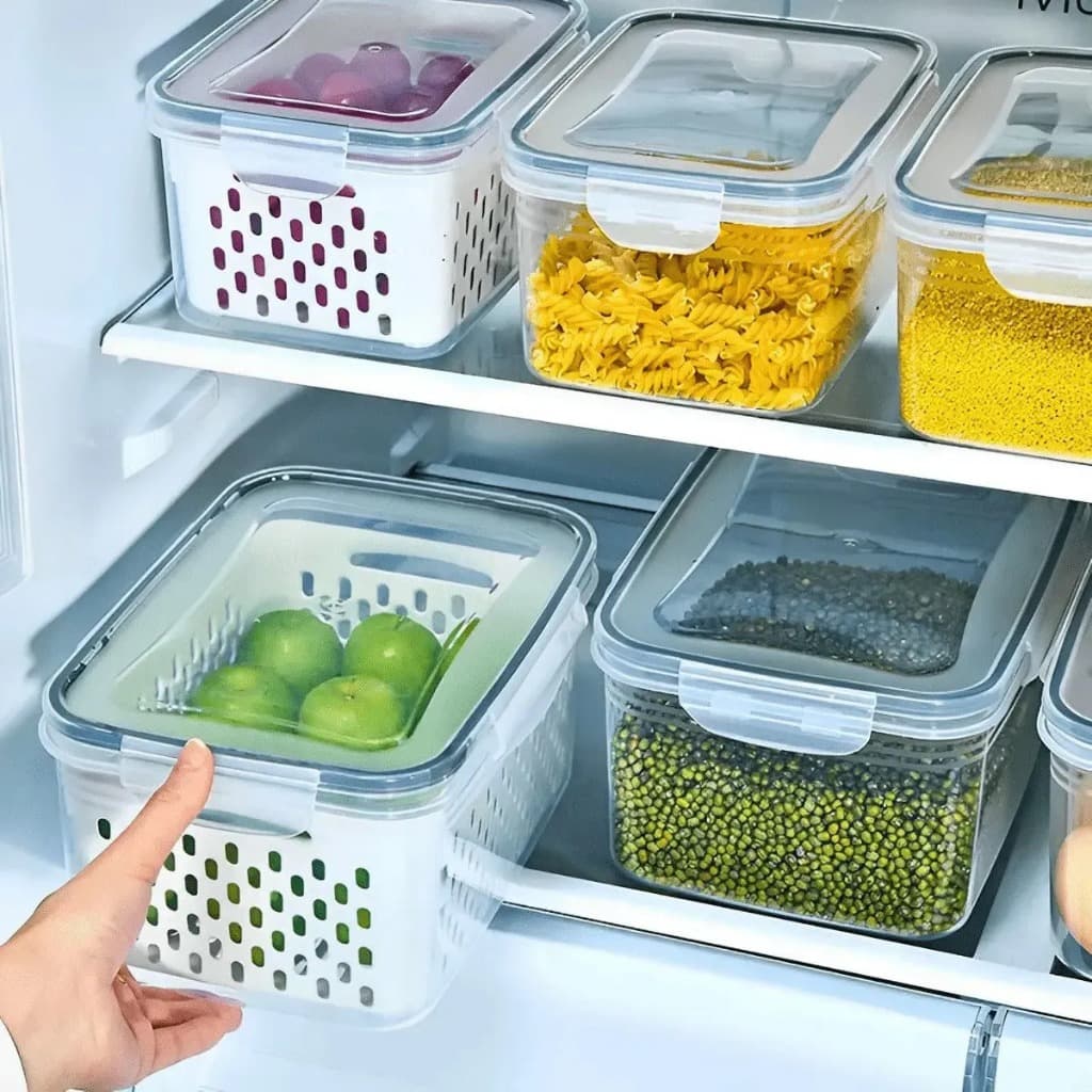 Kit 3 Organizadores de Geladeira com Cesto Escorredor e Tampa Vedada Caixa Transparente para Frutas, Legumes e Alimentos