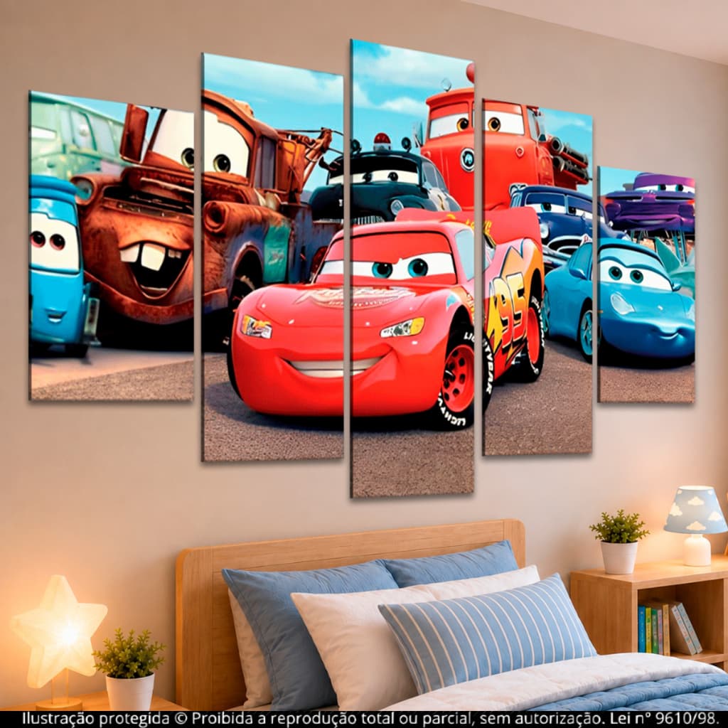 Kit Quadros Decorativos Mosaico 5 Peças Carros Relâmpago McQueen Infantil Disney Quarto Menino